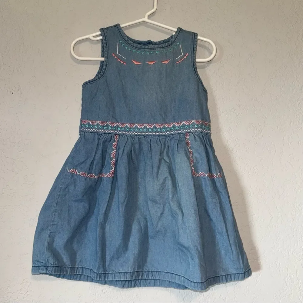 Kid's Gymboree Denim Chambray Blue Dress with Pink Embroidery